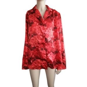 KIM ROGERS red floral silk print satin button down blouse top size large